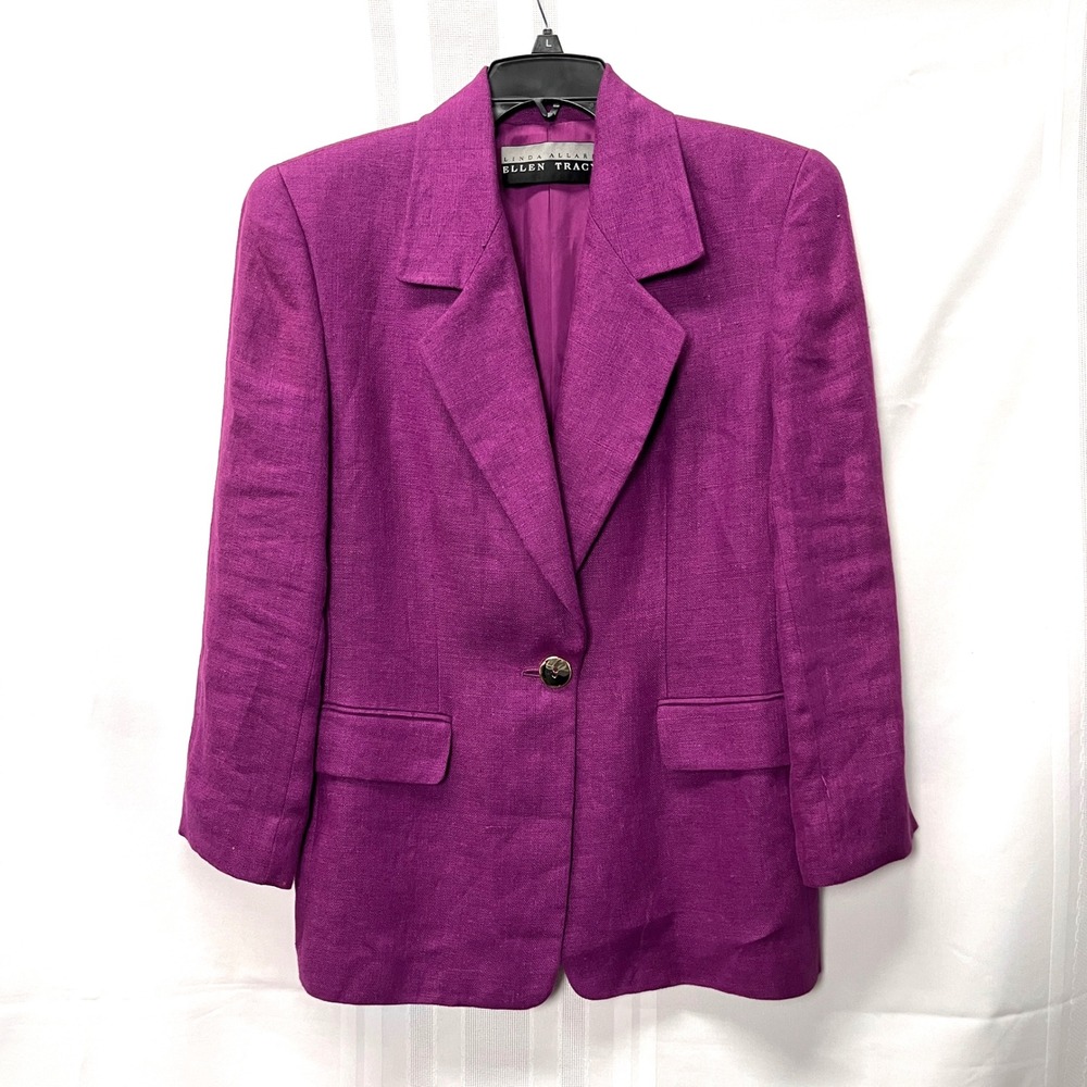 Ellen Tracy Magenta Purple Linen Blazer Jacket Women L Preppy Tailored Career